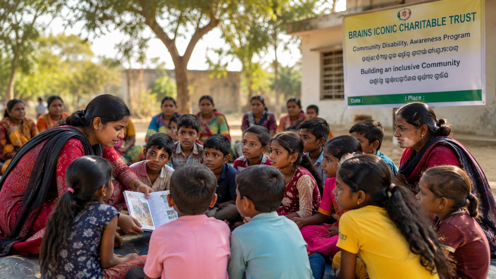 A Brains Iconic Charitable Trust volunteer reads with a circle of children from a tribal community in Odisha, part of the Trust's Building an Inclusive Community program.